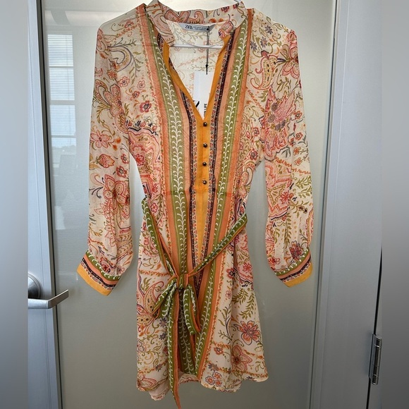 Zara Dresses & Skirts - NWT Zara Printed Multicolored Floral Belted Shirt Dress Size medium